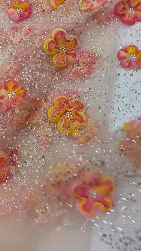5 Yards Colored Tulle 3D Floral Flowers Sequined Beaded Embroidered Lace Fabric JJ021