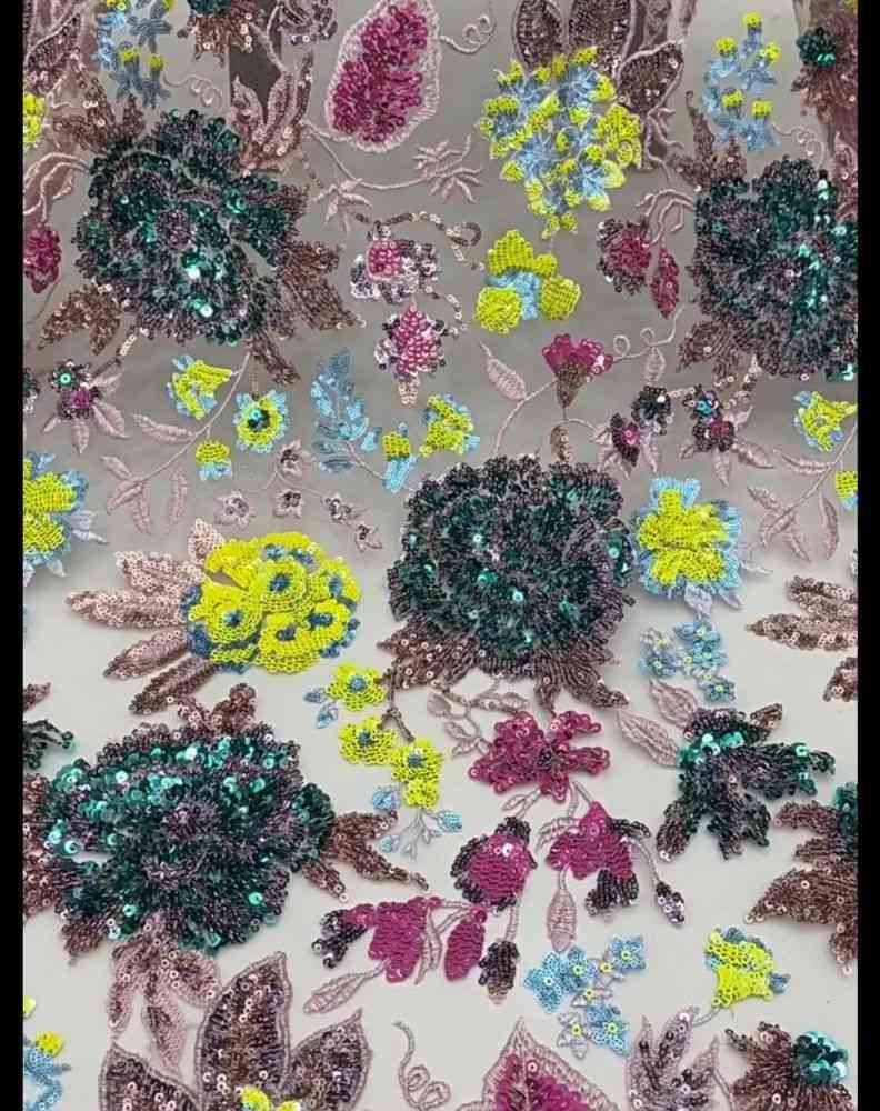 1 Yard Multi-Colored Tulle Sequined Embroidered Lace Fabric TDD353