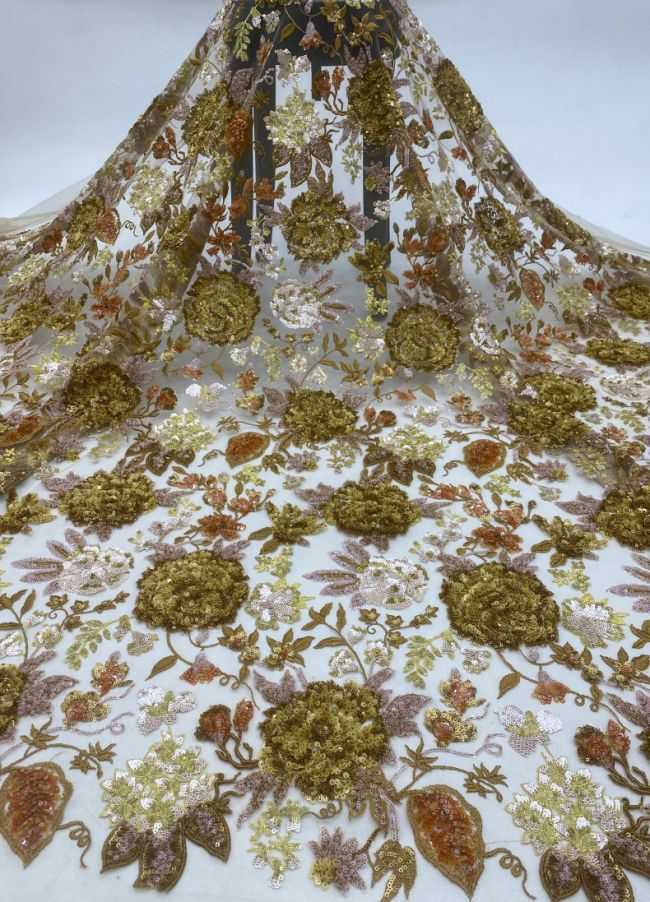 5 Yards Multi-Colored Tulle Sequined Faux Pearls Beaded Embroidered 3D Floral Flowers Lace Fabric TDD353