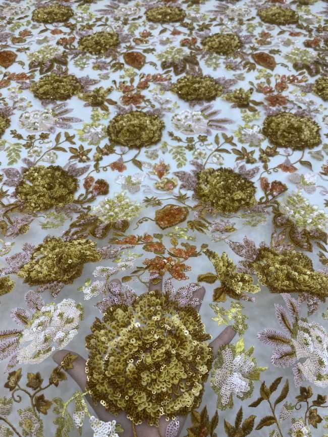 5 Yards Multi-Colored Tulle Sequined Faux Pearls Beaded Embroidered 3D Floral Flowers Lace Fabric TDD353
