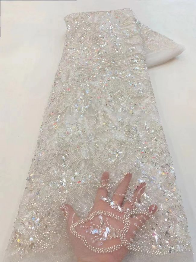 5 Yards Colored Tulle Sequins Pearls Beaded Embroidered Lace Fabric JJ068