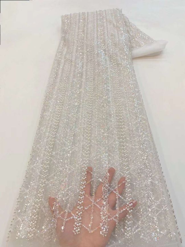 5 Yards Colored Tulle Sequins Pearls Beaded Embroidered Lace Fabric JJ065