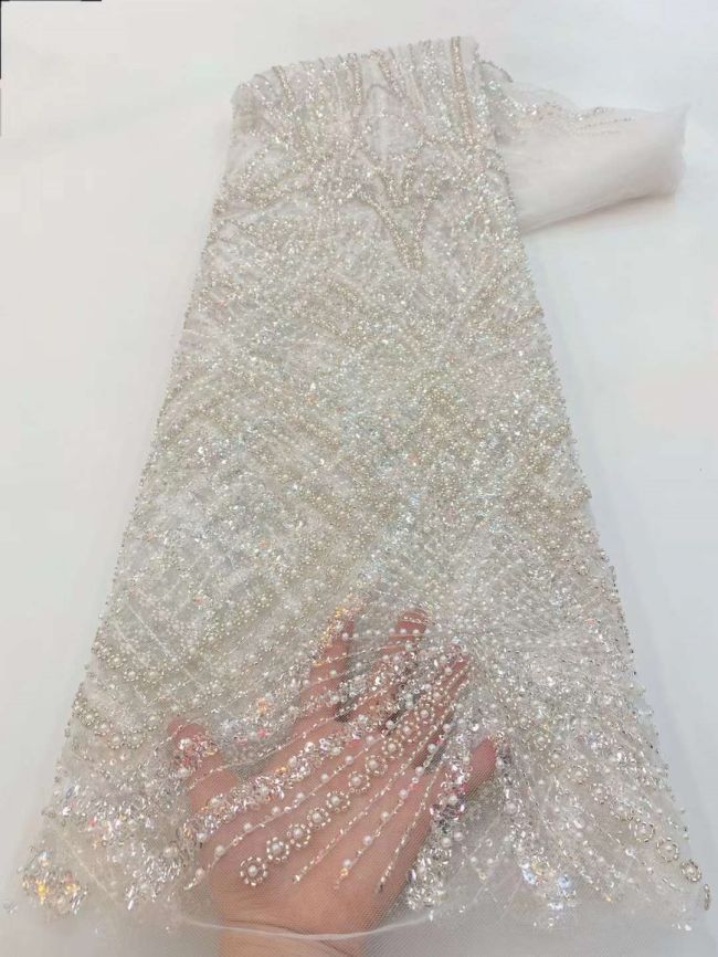 5 Yards Colored Tulle Sequins Pearls Beaded Embroidered Lace Fabric JJ067