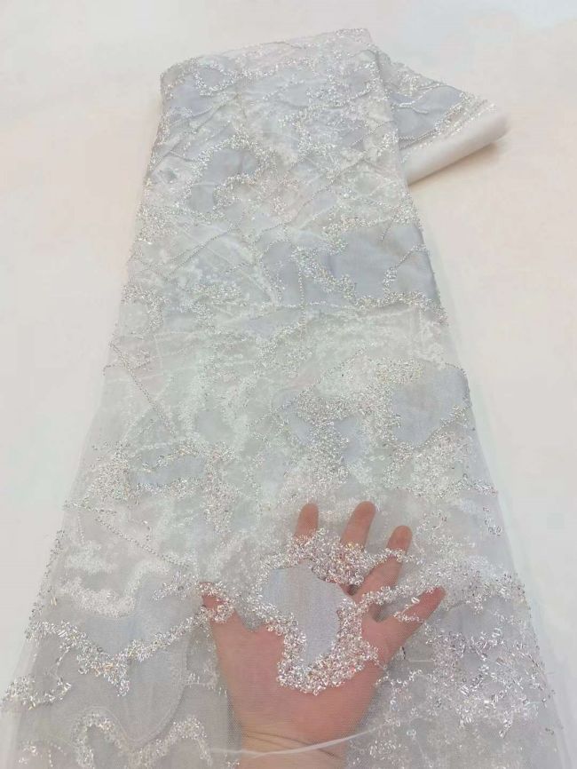 5 Yards Colored Tulle Sequins Pearls Beaded Embroidered Lace Fabric JJ076