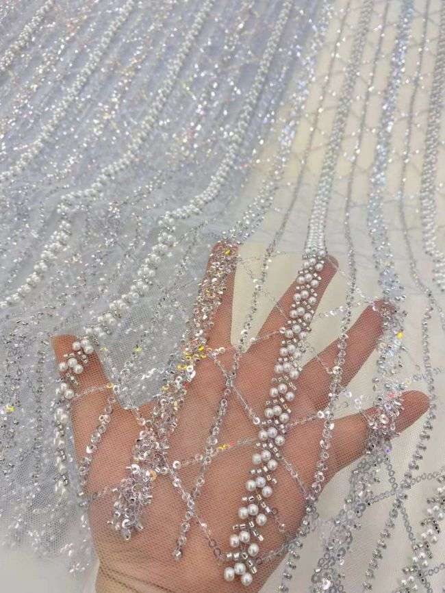 5 Yards Colored Tulle Sequins Pearls Beaded Embroidered Lace Fabric JJ065
