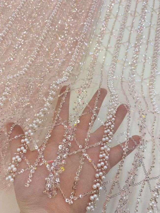 5 Yards Colored Tulle Sequins Pearls Beaded Embroidered Lace Fabric JJ065