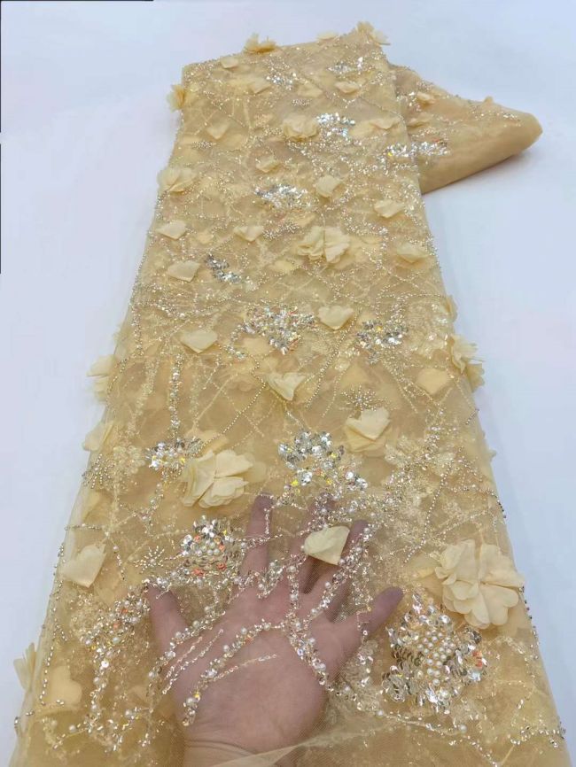 5 Yards Colored Tulle Sequins Pearls Beaded Embroidered Lace Fabric JJ061