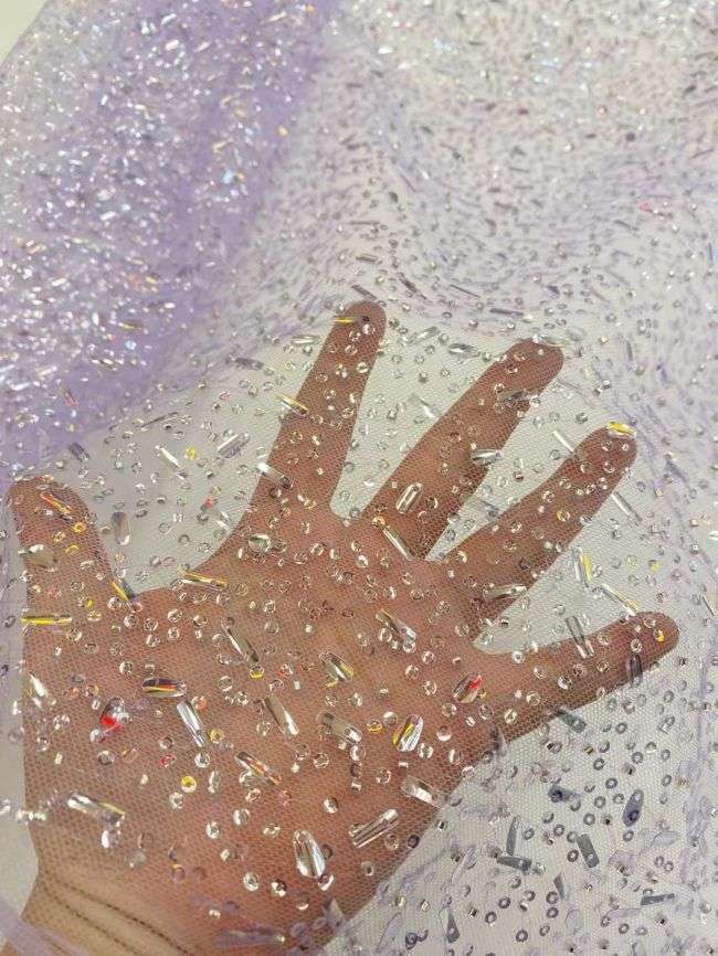 5 Yards Colored Tulle Sequins Pearls Beaded Embroidered Lace Fabric JJ069
