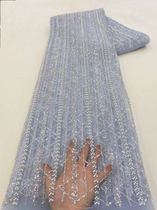 5 Yards Colored Tulle Sequins Pearls Beaded Embroidered Lace Fabric JJ065