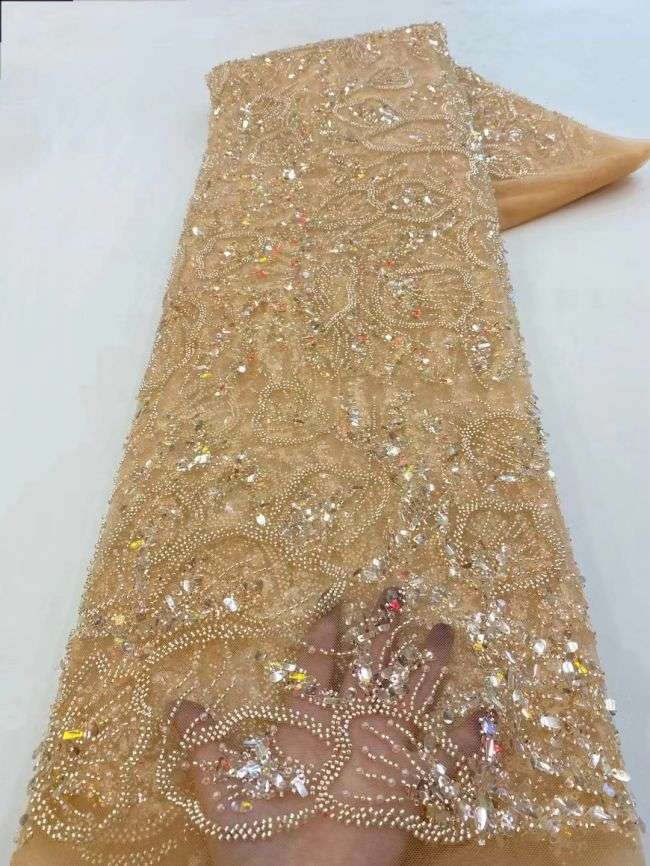5 Yards Colored Tulle Sequins Pearls Beaded Embroidered Lace Fabric JJ068
