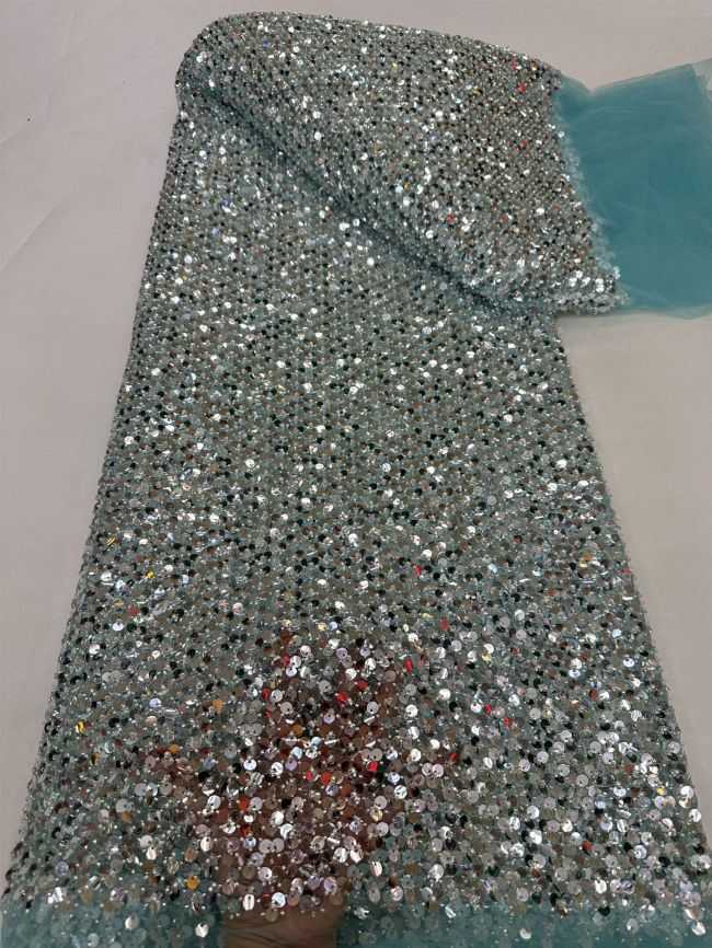5 Yards Colored Tulle Sequins Pearls Beaded Embroidered Lace Fabric JJ072