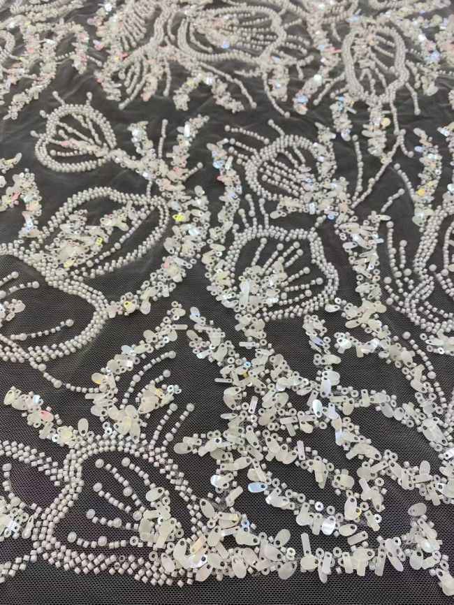 5 Yards Colored Tulle Sequins Pearls Beaded Embroidered Lace Fabric JJ068