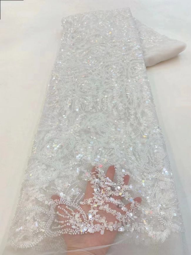 5 Yards Colored Tulle Sequins Pearls Beaded Embroidered Lace Fabric JJ068