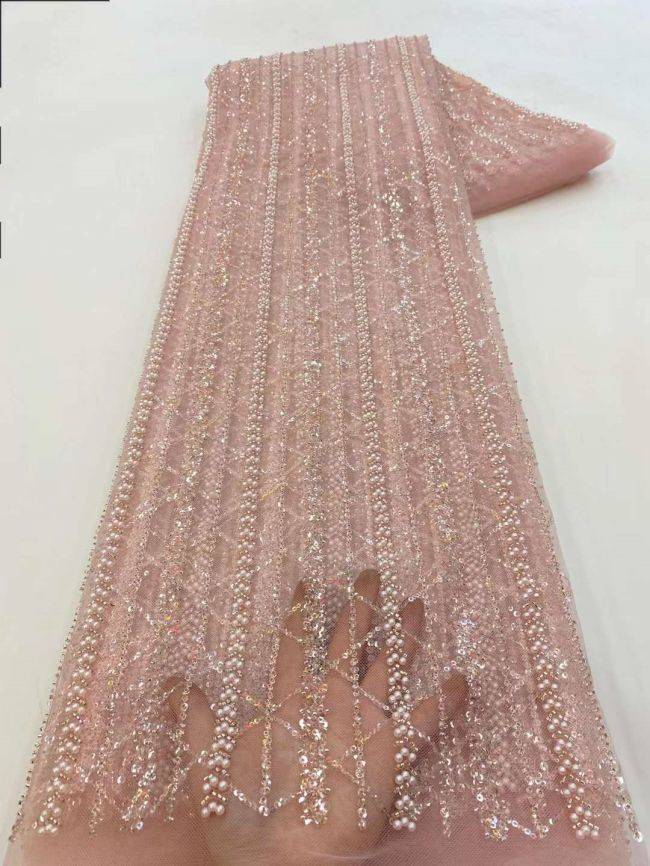 5 Yards Colored Tulle Sequins Pearls Beaded Embroidered Lace Fabric JJ065