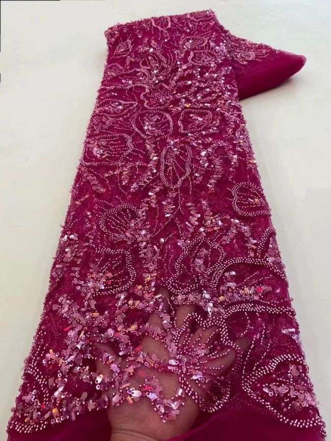 5 Yards Colored Tulle Sequins Pearls Beaded Embroidered Lace Fabric JJ068