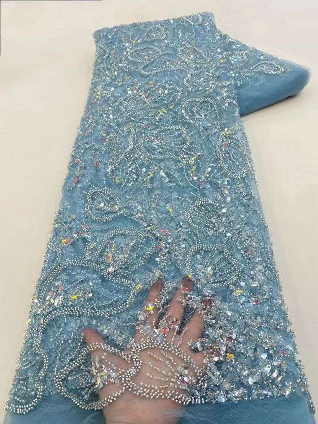 5 Yards Colored Tulle Sequins Pearls Beaded Embroidered Lace Fabric JJ068