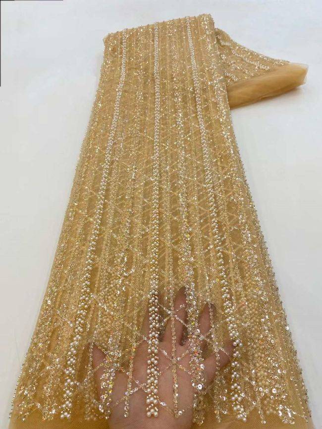 5 Yards Colored Tulle Sequins Pearls Beaded Embroidered Lace Fabric JJ065