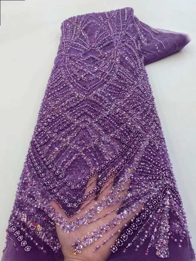 5 Yards Colored Tulle Sequins Pearls Beaded Embroidered Lace Fabric JJ067