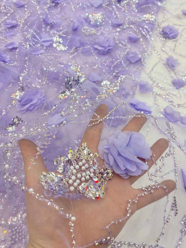 5 Yards Colored Tulle Sequins Pearls Beaded Embroidered Lace Fabric JJ061
