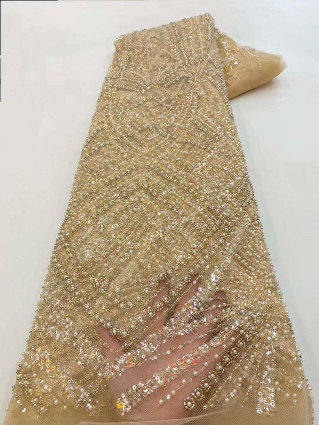 5 Yards Colored Tulle Sequins Pearls Beaded Embroidered Lace Fabric JJ067