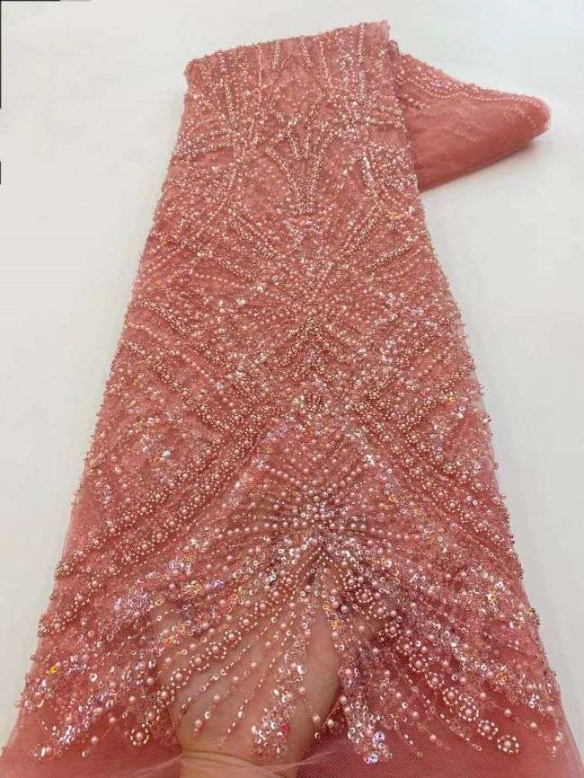 5 Yards Colored Tulle Sequins Pearls Beaded Embroidered Lace Fabric JJ067