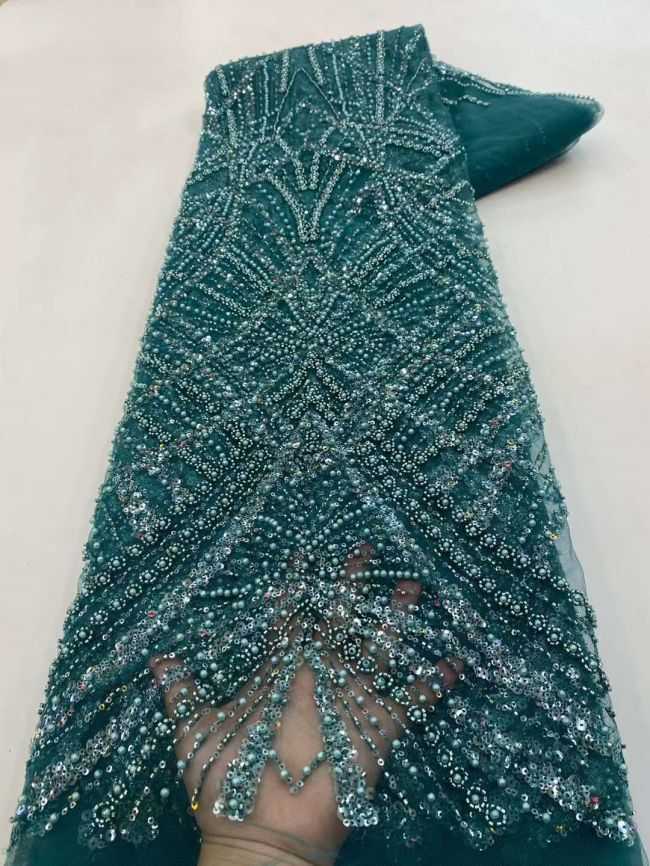 5 Yards Colored Tulle Sequins Pearls Beaded Embroidered Lace Fabric JJ067