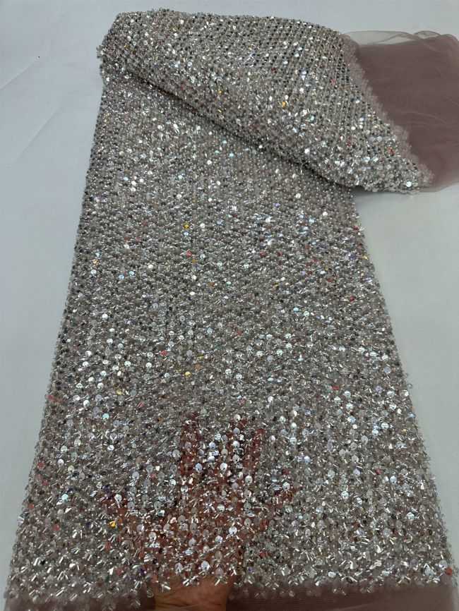 5 Yards Colored Tulle Sequins Pearls Beaded Embroidered Lace Fabric JJ072