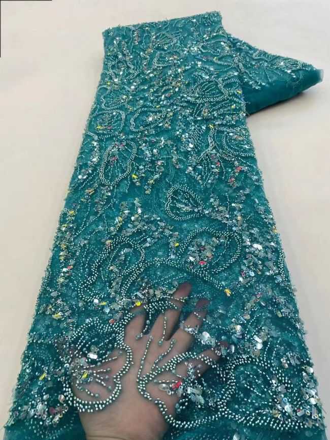 5 Yards Colored Tulle Sequins Pearls Beaded Embroidered Lace Fabric JJ068
