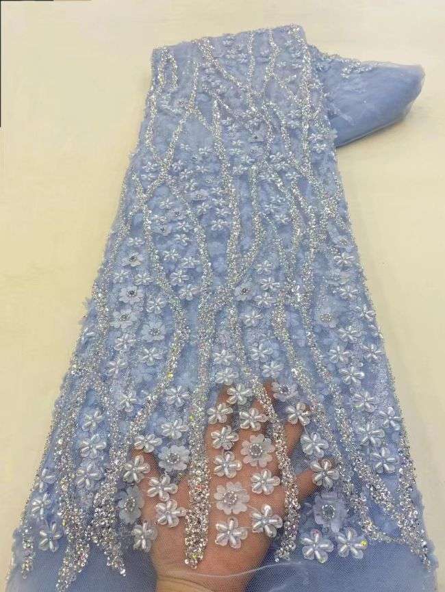 5 Yards Colored Tulle Sequins Pearls Beaded Embroidered Lace Fabric JJ064