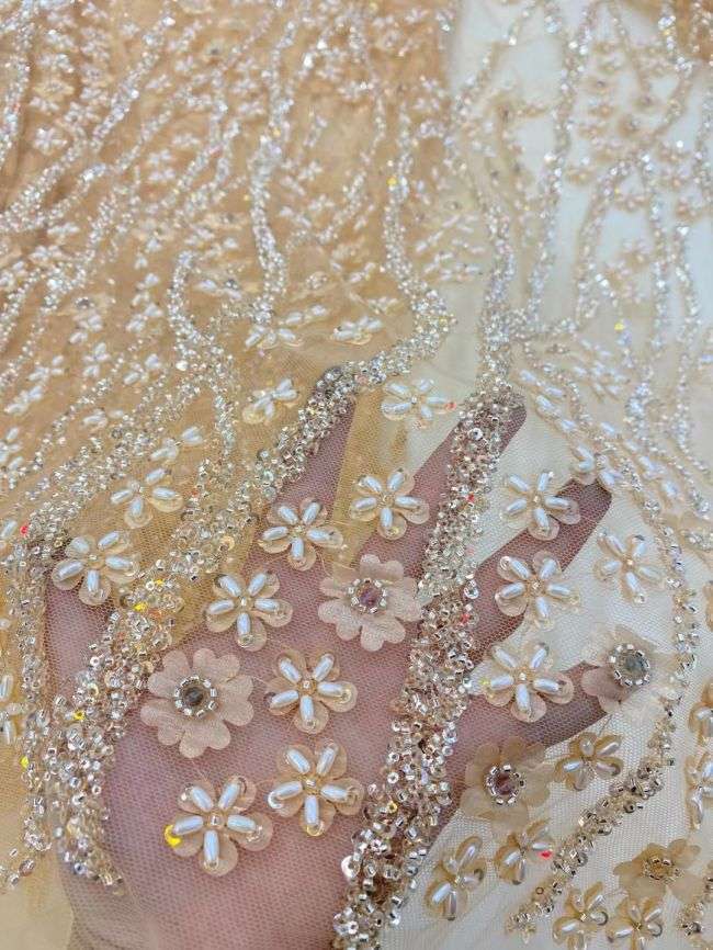 5 Yards Colored Tulle Sequins Pearls Beaded Embroidered Lace Fabric JJ064