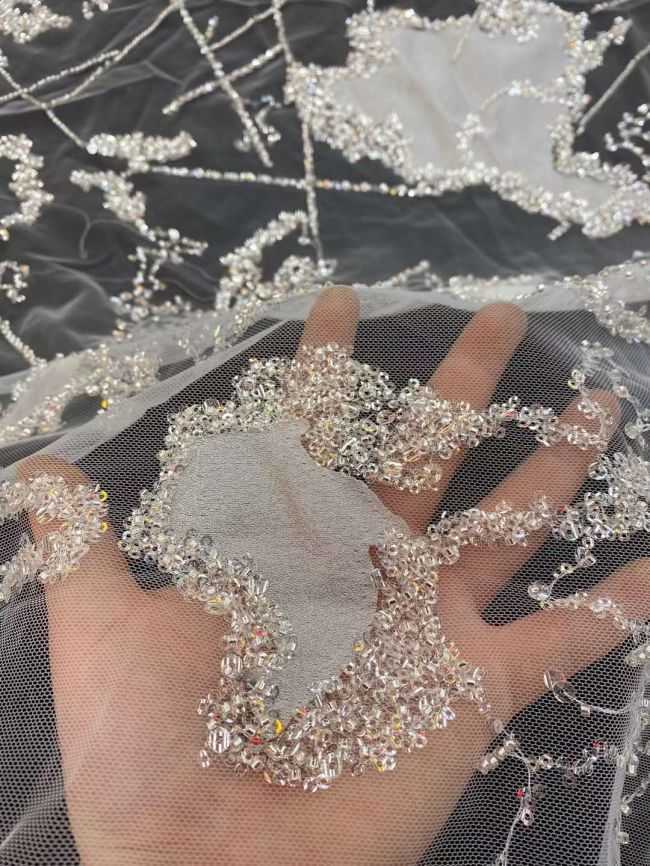 5 Yards Colored Tulle Sequins Pearls Beaded Embroidered Lace Fabric JJ076