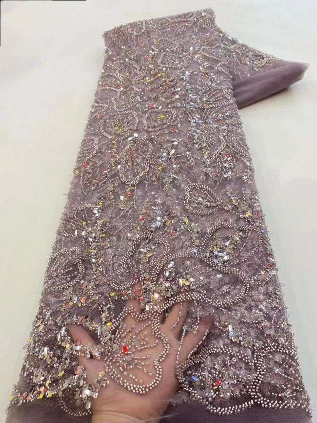 5 Yards Colored Tulle Sequins Pearls Beaded Embroidered Lace Fabric JJ068