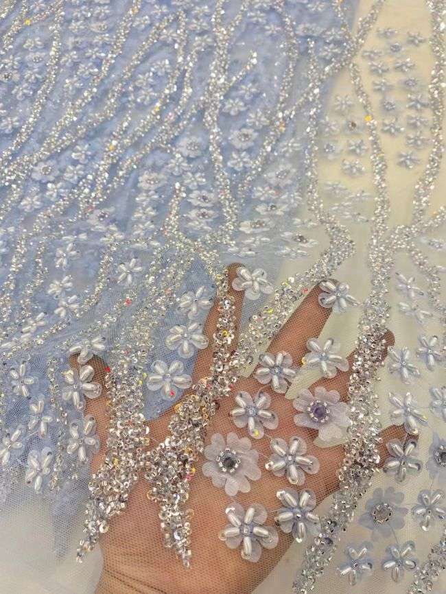 5 Yards Colored Tulle Sequins Pearls Beaded Embroidered Lace Fabric JJ064