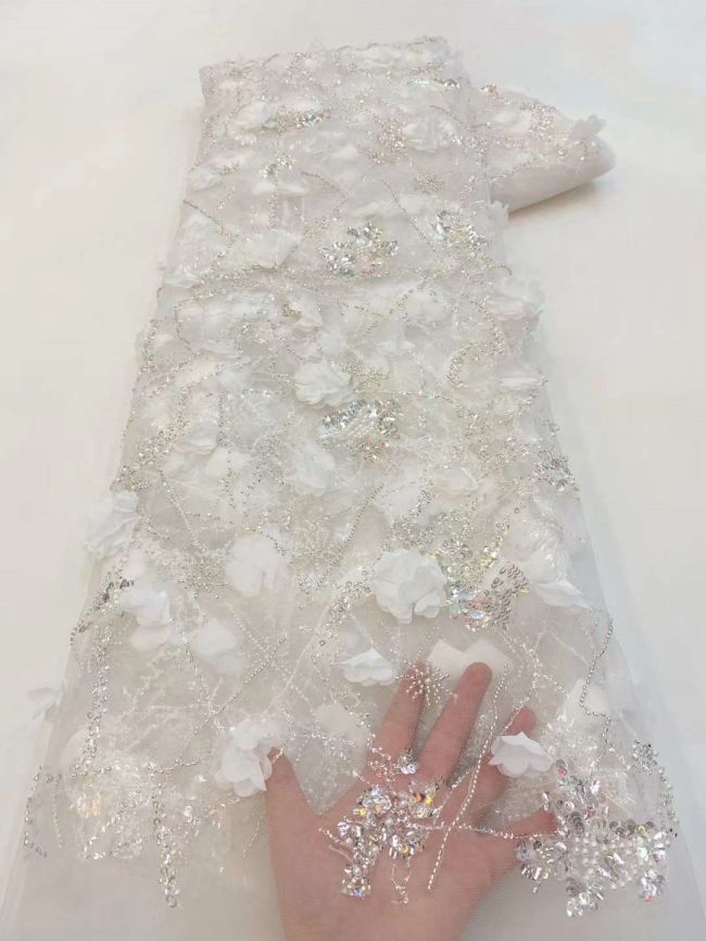 5 Yards Colored Tulle Sequins Pearls Beaded Embroidered Lace Fabric JJ061