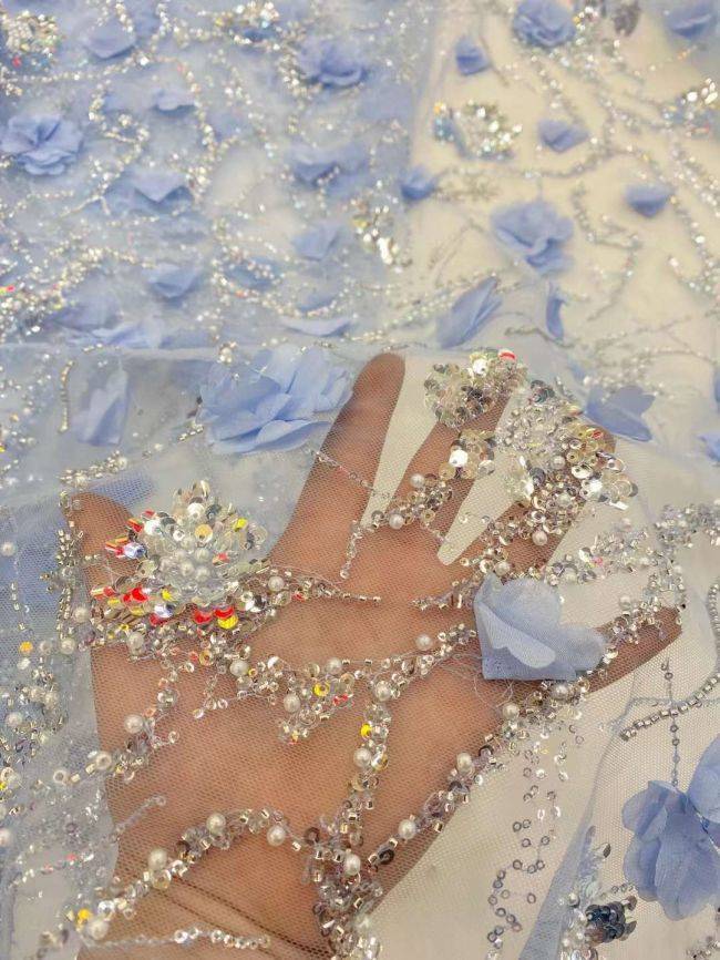 5 Yards Colored Tulle Sequins Pearls Beaded Embroidered Lace Fabric JJ061