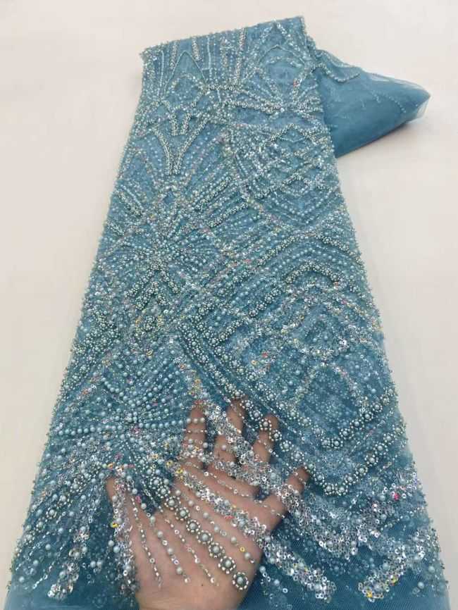 5 Yards Colored Tulle Sequins Pearls Beaded Embroidered Lace Fabric JJ067