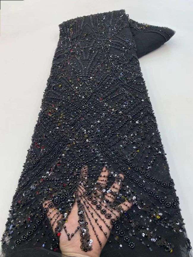5 Yards Colored Tulle Sequins Pearls Beaded Embroidered Lace Fabric JJ067
