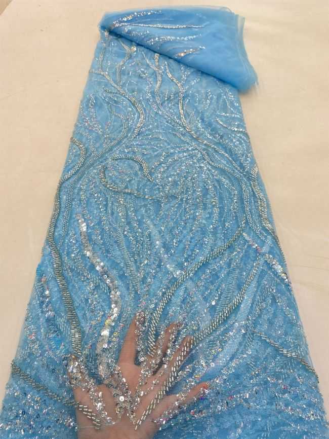5 Yards Colored Tulle Sequins Pearls Beaded Embroidered Lace Fabric JJ075