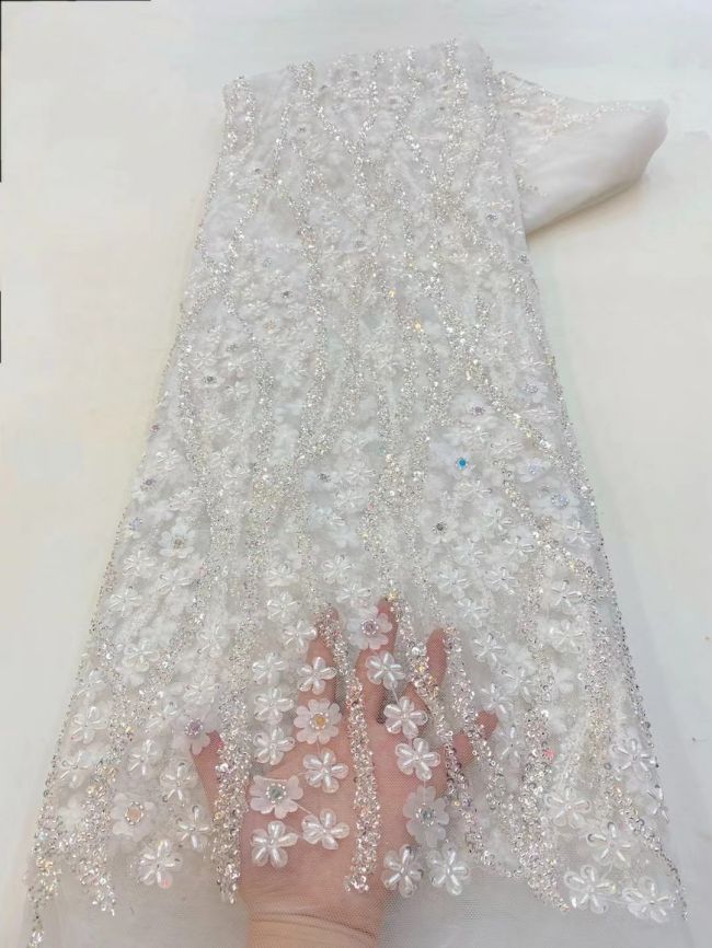 5 Yards Colored Tulle Sequins Pearls Beaded Embroidered Lace Fabric JJ064