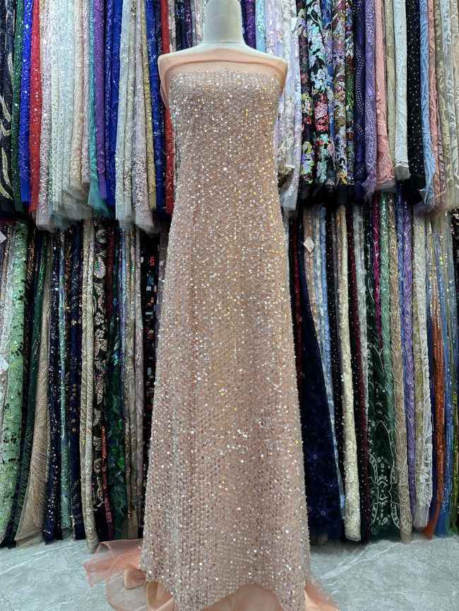 5 Yards Colored Tulle Sequins Pearls Beaded Embroidered Lace Fabric JJ072