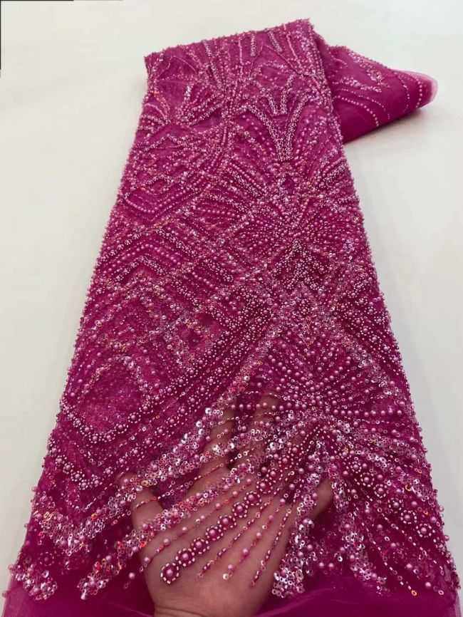 5 Yards Colored Tulle Sequins Pearls Beaded Embroidered Lace Fabric JJ067