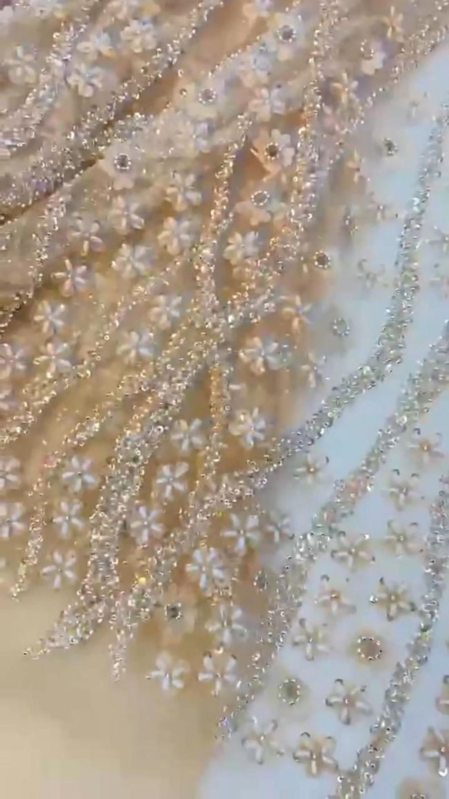 5 Yards Colored Tulle Sequins Pearls Beaded Embroidered 3D Lace Fabric JJ064