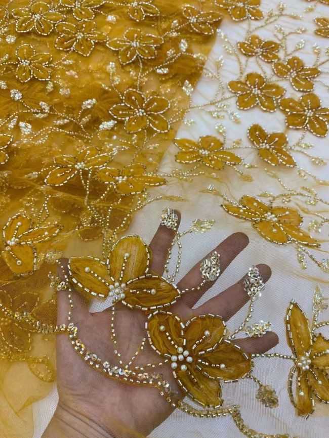 5 Yards Beaded Lace Fabric HL005