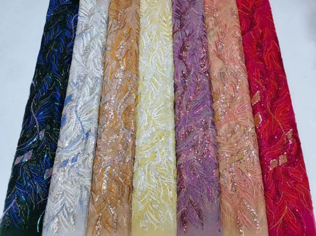 5 Yards Multi-Colored Beaded Lace Fabric ZX007