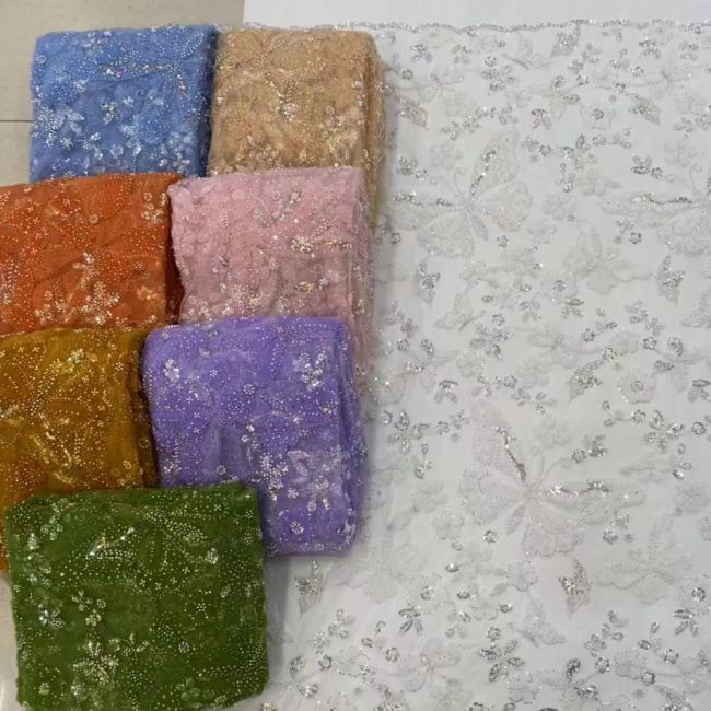 5 Yards Beaded Lace Fabric HL004