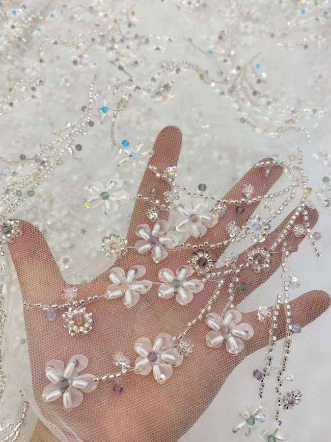5 Yards Beaded Lace Fabric JJ080