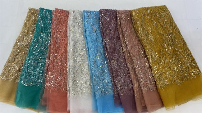 5 Yards Beaded Lace Fabric JJ114