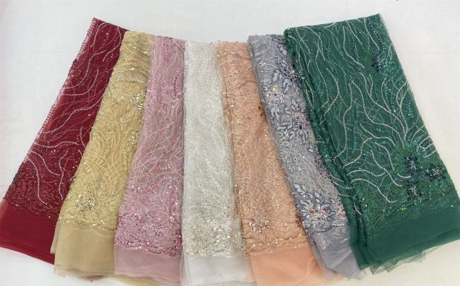 5 Yards Beaded Lace Fabric JJ118