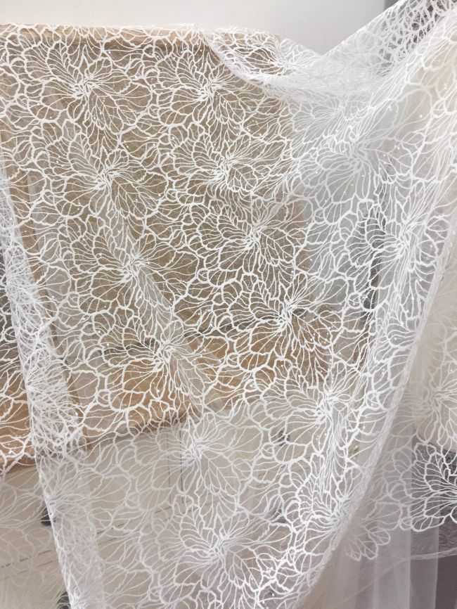 1 Yard 3D Floral Beaded Embroidered Bridal Lace Fabric SX034