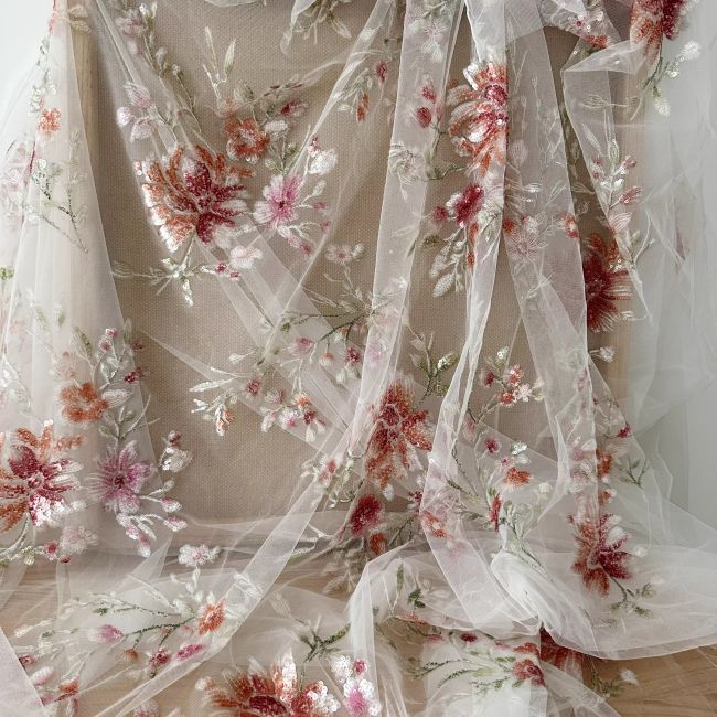 1 Yard 3D Floral Beaded Embroidered Bridal Lace Fabric SX041